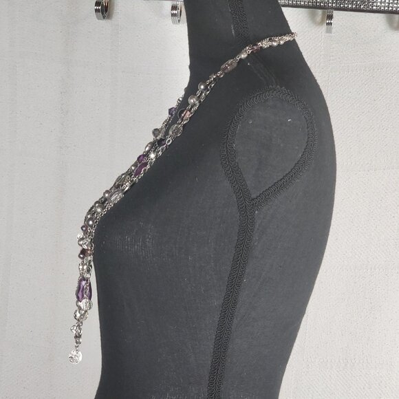 Premier Designs Silver Tone Three Strand Purple Silver Bead Coin 32" Necklace - Picture 10 of 16